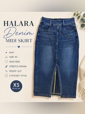 NWT Halara Denim Midi Skirt XS High Rise Stretch Front Slit Blue Jean Skirt